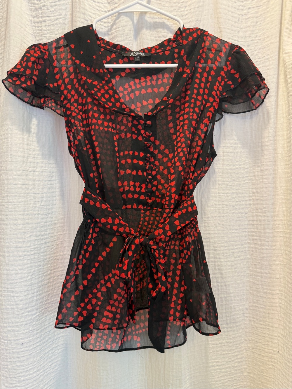 ASOS Black Red Heart-Print Tie-Waist Blouse